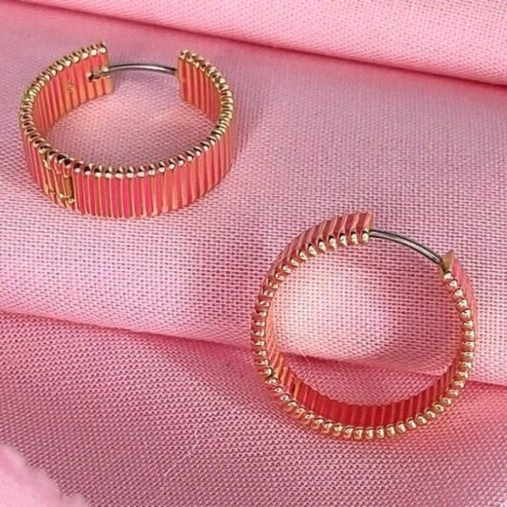 Gorjana Hoop Earrings Catalina Enamel18k Gold Plated Pink Striped - Picture 3 of 15
